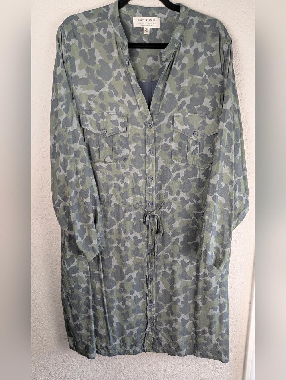 Anthropologie Cloth & Stone Woven Midi Dress 1X Green Grey Camo Long Sleeves